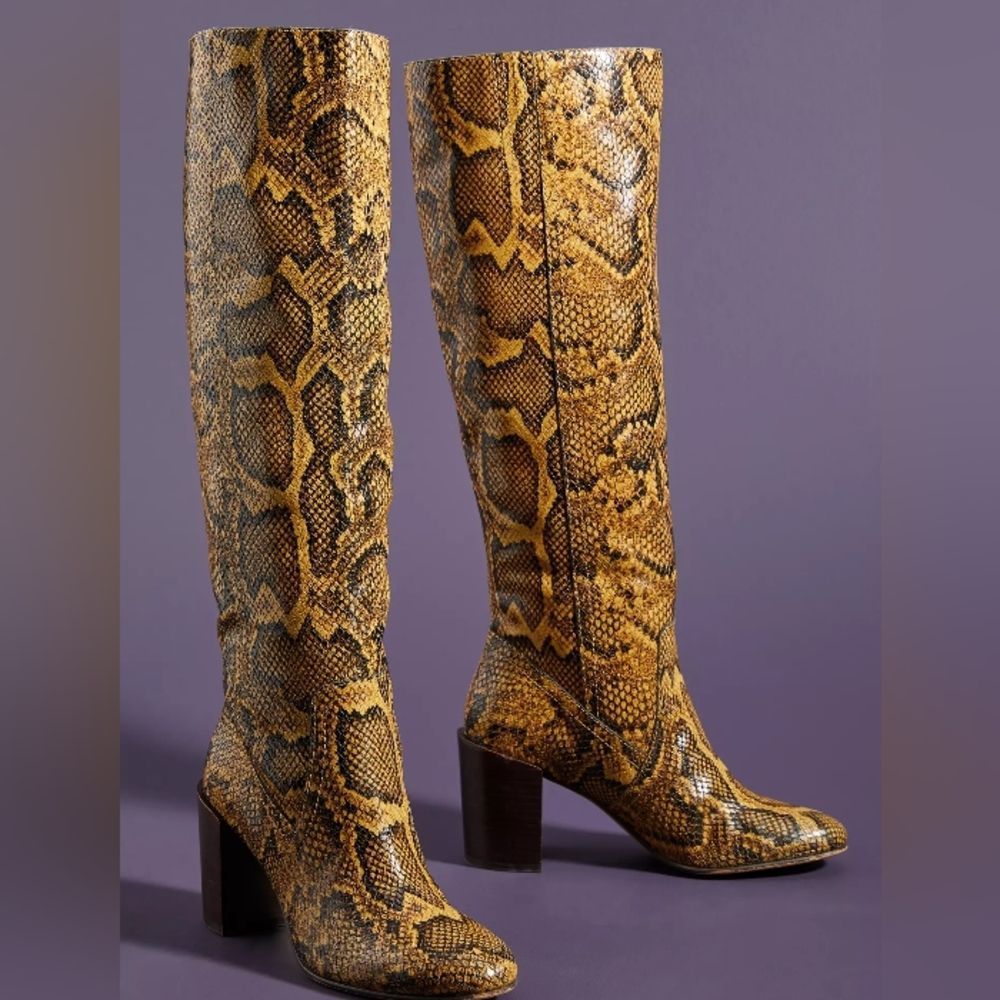 Dolce Vita Snake Print Heeled Boots - Brown and Tan